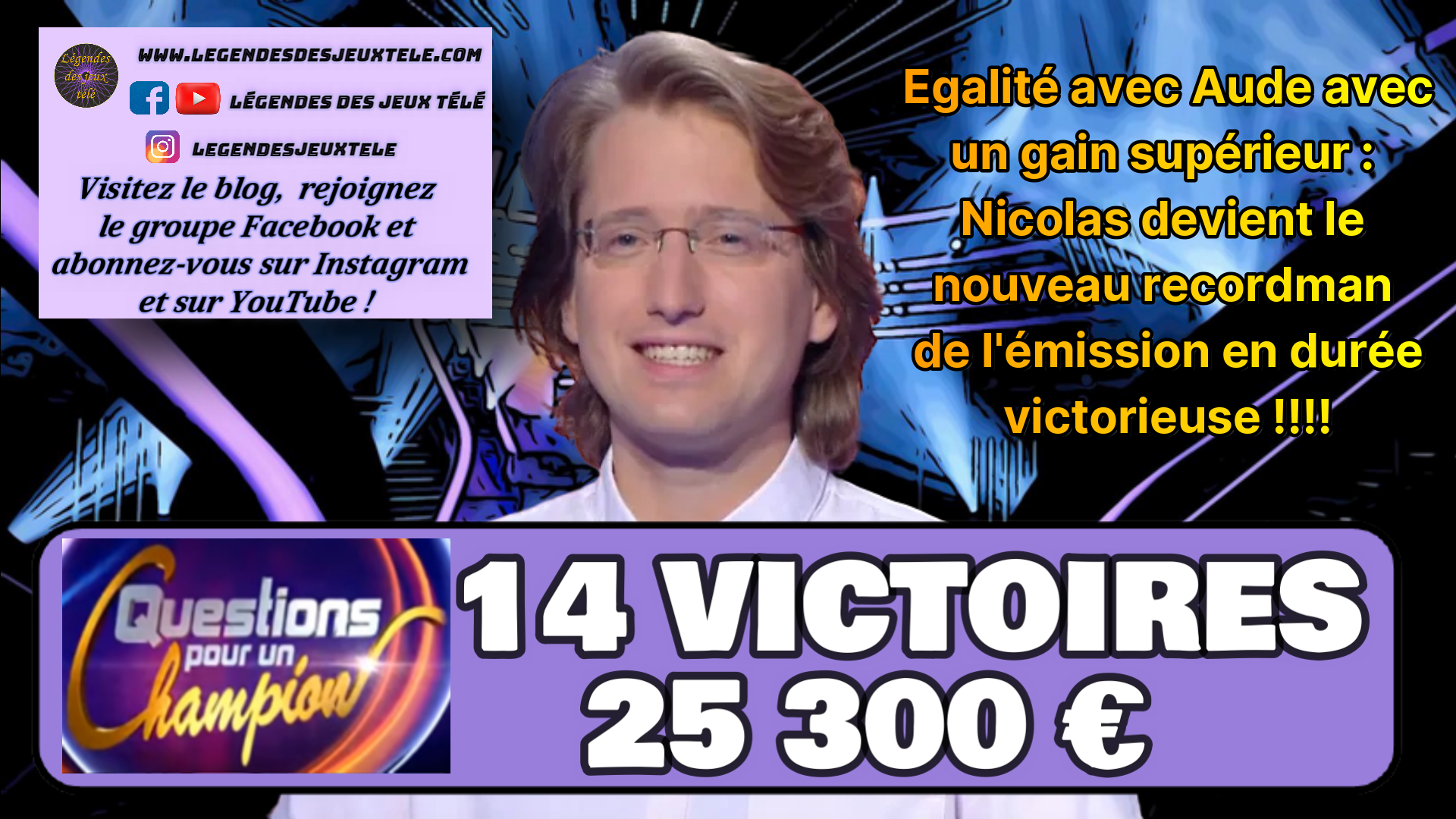 Historique ! Nicolas devient le plus grand champion de la version quotidienne de « Questions pour un champion » en égalant le plus grand nombre de victoires jamais remporté dans l’histoire du jeu !!!