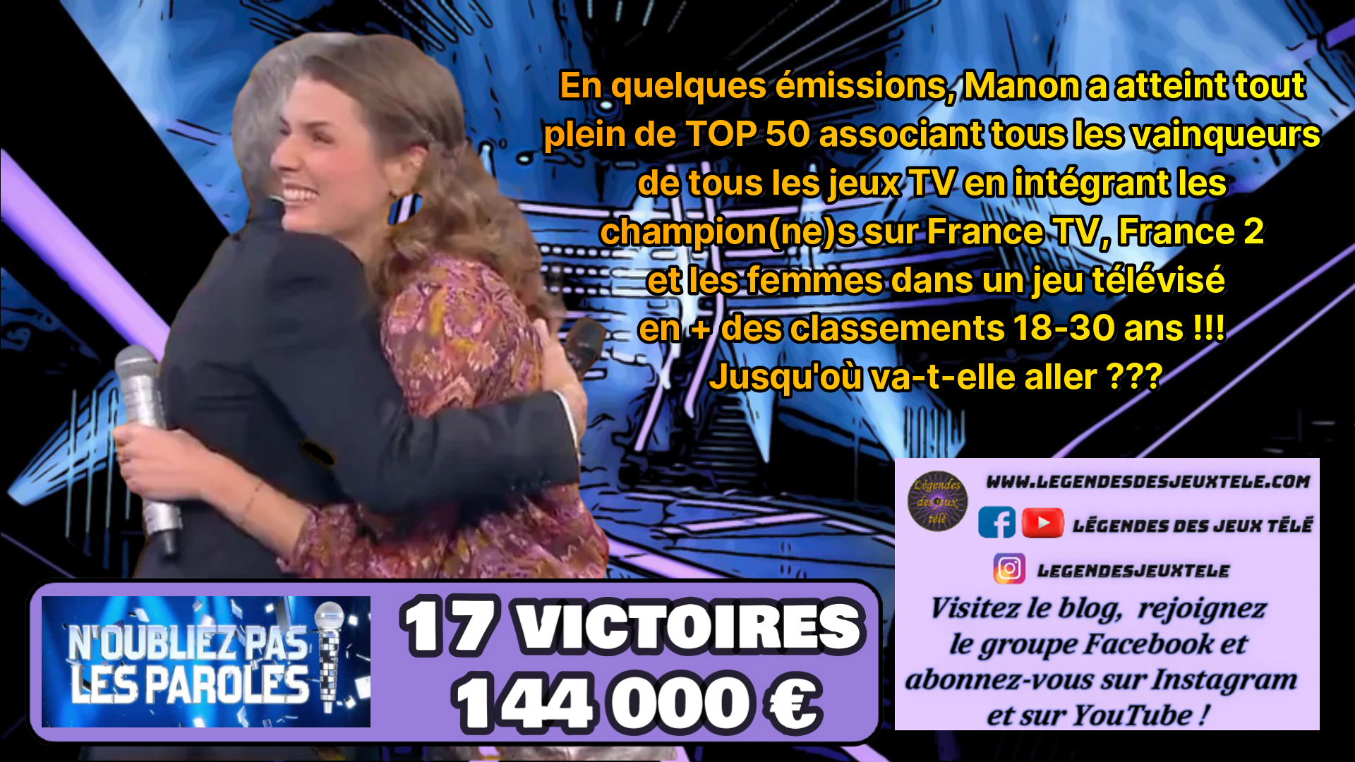 Avec 144 000 € et 17 victoires, Manon poursuit sa progression, bat un record absolu et atteint tout plein de nouveaux classements originaux !!!